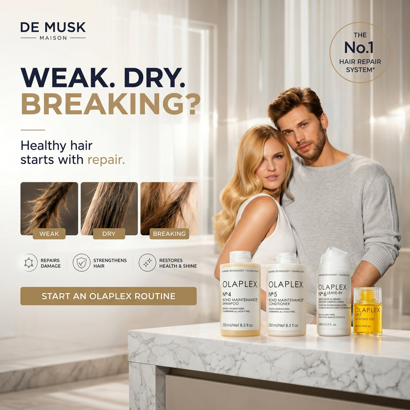 Advertisement for Olaplex hair care products featuring a couple in a modern bathroom setting.