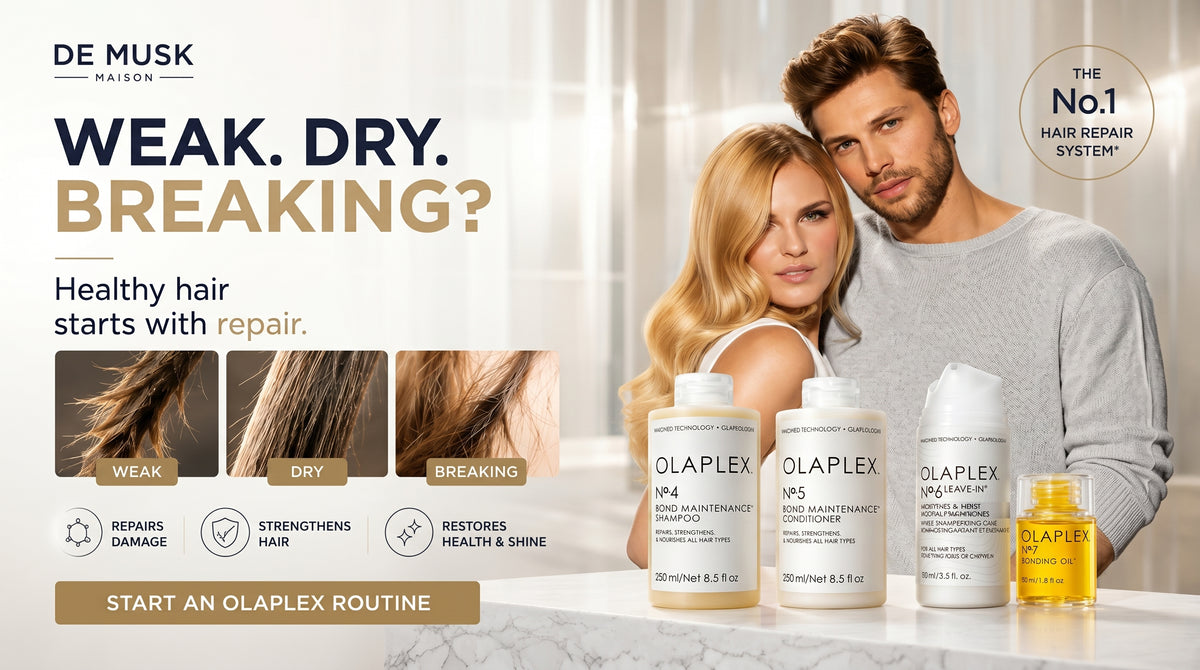 Advertisement for Olaplex hair care products featuring a couple with text about hair repair.