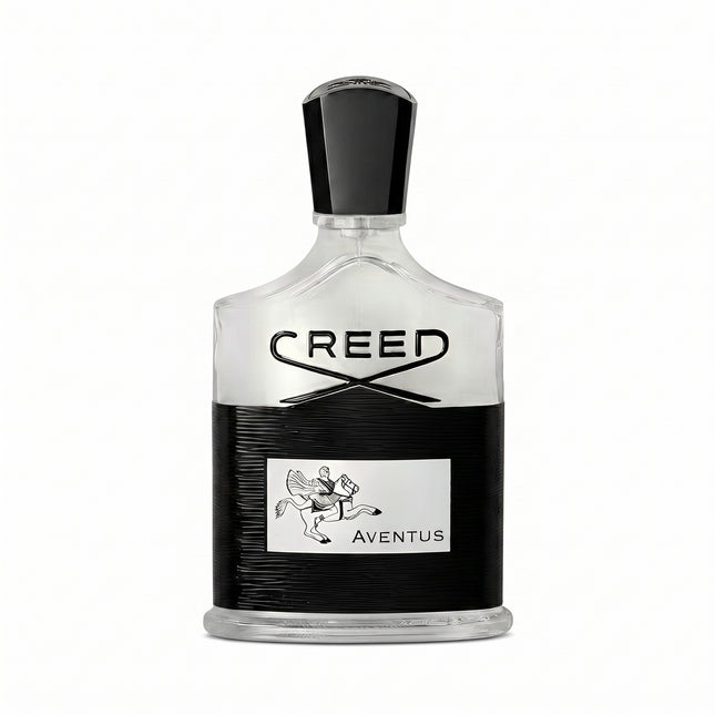 Creed Aventus Eau de Parfum bottle with a black and silver textured label and a black cap, shown on a white background.