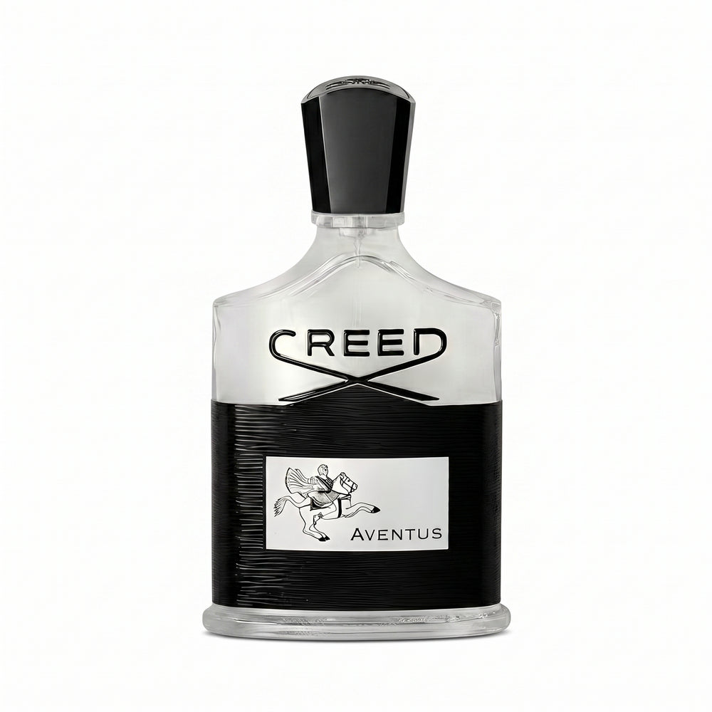Creed Aventus Eau de Parfum bottle with a black and silver textured label and a black cap, shown on a white background.