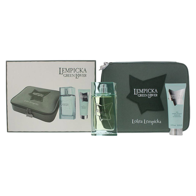 Lolita Lempicka Green Lover Gift Set 100ml EDT + 75ml Aftershave Balm + Pouch for Men