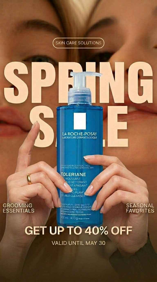 La Roche Posay Toleriane Spring Sale promotional graphic featuring a person holding a blue skincare pump bottle, with large beige text reading 'SPRING SALE' and sale details on a warm-toned background.