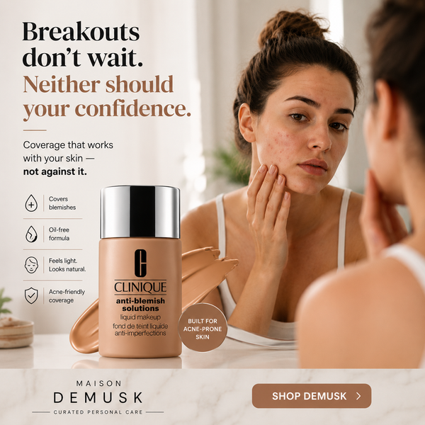 Clinique foundation bottle with woman looking at mirror, text about skin care product