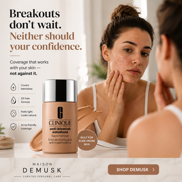 Clinique foundation bottle with woman looking at mirror, text about skin care product